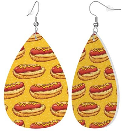 Leder-Ohrringe für Damen, trendig, tropfenförmig, Wurst-Hotdog-Druck, groß, nickelfrei, baumelnde Ohrringe, Statement-Ohrringe, Kostümschmuck
