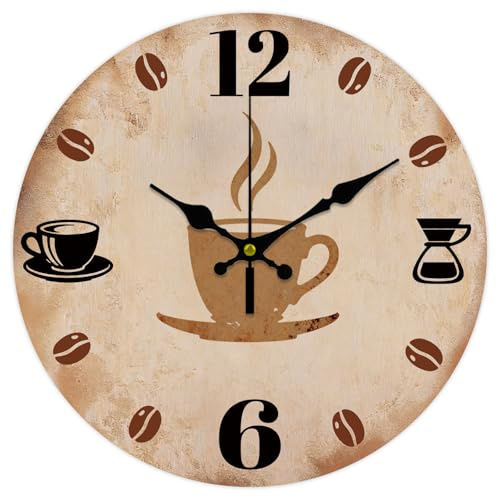 CONCHLERY 12 Inch Coffee Cups Pattern Round Wall Clock Silent Non Ticking Decorative Clock, for Home Living Room Bedroom Kitchen Office Decor