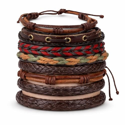 Vellichor Europe 6 Pack Adjustable Leather Bracelet Set for Men and Women, Braided Rope and Wrap Style Bracelets, Stacking Wrist Bands for Everyday Wear, Casual Vintage Look, Fits 18–34 cm Wrists