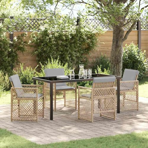 LoogCape Garten Essgruppe 5-teilig, Beige Poly-Rattan Essgarnitur mit Glastisch, Outdoor Sitzgruppe für Terrasse, Balkon, Veranda, Langlebige Gartenmöbel