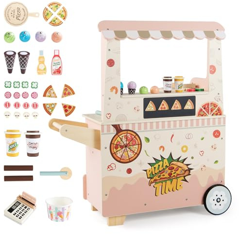 COSTWAY Kids Pizza Food Cart, Wooden Pretend Snack Cart Playset with Oven, Magnetic Blackboard, Ice Cream, POS Machine & Wheels, Toddler Role Play Dessert Shop Trolley for Boys Girls Ages 3+