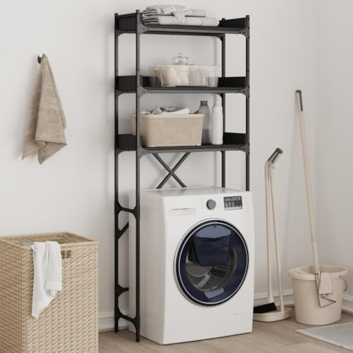 GeenYuu Scaffale per lavatrice, nero, in legno con telaio in metallo, 67 x 25 x 163 cm, 3 ripiani, gambe regolabili, salvaspazio, per lavanderia e casa, stabile e facile da pulire