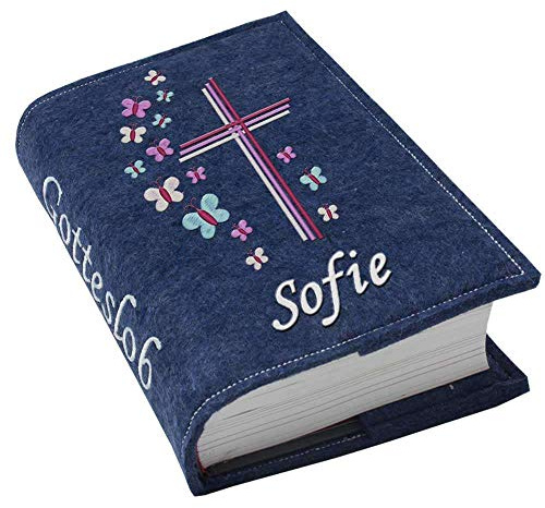 Gotteslob Gotteslobhülle Hülle Kreuz Schmetterlinge lila pink Filz Namen bestickt Einband Umschlag personalisierte Gesangbuchhülle, Farbe:dunkelblau meliert