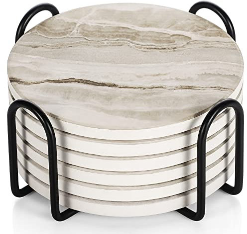 LIFVER Untersetzer Gläser, Marmor Glas Untersetzer-Set 6er, Absorbierender Untersetzer mit Korkboden und Halter, Getränk Untersetzer für Bars, Cafés, Haus, Party, Büro, Geschencke für Mama Papa