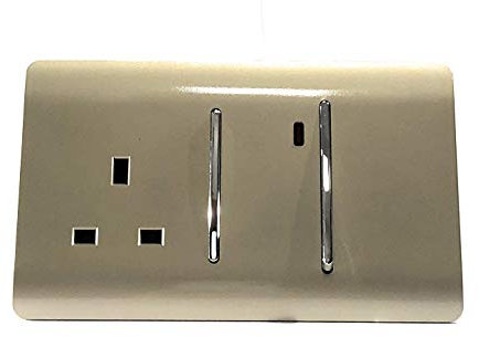 Trendi Switch Screwless Artistic Modern Decorative Glossy 45 A Cooker Switch Control Unit & Single Plug Socket Inc Neon Indicator for Indoor Use in Champagne Gold - ART-WHS213GO