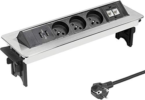 Elbe Inno Prise encastrable Plan de Travail en Acier INOX 3 Prises 2 USB 2 RJ45 Norme française Bloc Prise escamotable Prise pour Plan de Travail Multiprise escamotable pour Cuisine Bureau