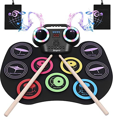 Anpro Batteria Elettronica, 9 Praticare Drum Pads con 2 Bacchette Pedali, Schermo LED, Portatile Tavolo Pieghevole Digitale Tamburo Set, Adatto a Bambini, Adulti e Principianti, Regalo di Compleanno
