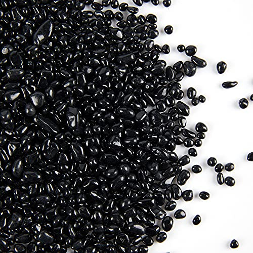 TWINKLING High Luster Round Fire Glass Stones, Marbles, Pebbles, Beads Gems for Fire Pit Vase Fillers Crafts Aquarium Garden Decoration, 3-6mm, 1-Pound Jar (Black)