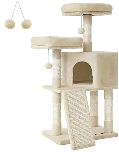 FEANDREA Kratzbaum klein, Katzenbaum mit Kratzbrett, Plattformen, für Katze, weicher Plüsch, 115 cm, vollständig mit Sisal umwickelte Säule, beige PCT141M01