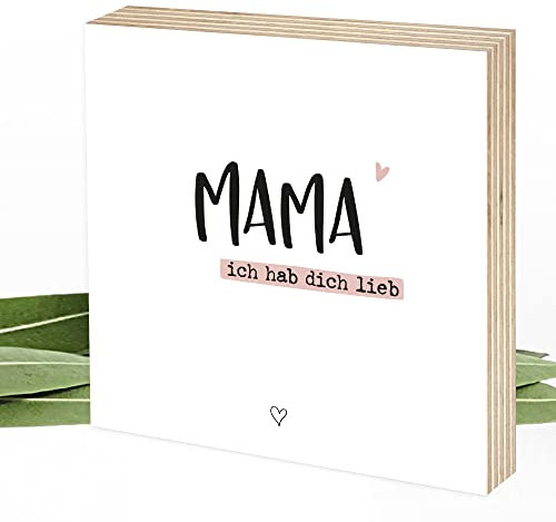Wunderpixel® Holzbild Geschenk Mama ich hab dich lieb - 15x15x2cm zum Hinstellen/Aufhängen, echtes Foto mit Spruch auf Holz - schwarz-weißes Wand-Bild Aufsteller Dekoration Geschenk-Idee