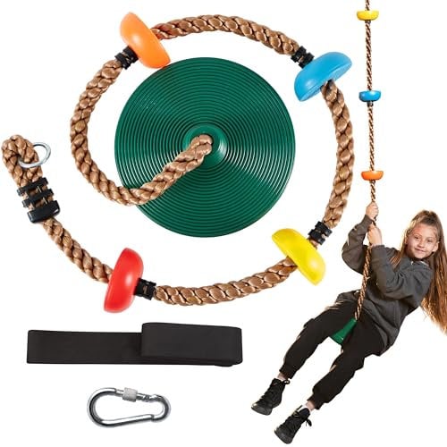 TURFEE Climbing Rope Tree Kids Swing with Platforms and Disc Swings Seat,Outdoor Indoor Backyard Playground Swingset Accessories Single Disk 6 Ft Outdoor Climbing Rope,Carabiner &4 Ft Tree Strap