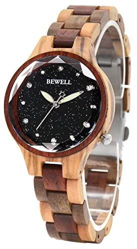 BEWELL Holzuhren für Damen Star Dust Dail Minimalistisches Quarzwerk Luxus-Armbanduhr aus Holz (Schwarzes Zifferblatt)
