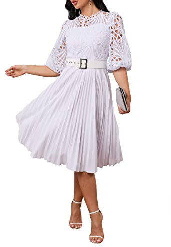 IWFEV Lace Pleated Dress With Puff Sleeves - Mid-Calf Length Midi Dress in White - Perfect for Parties and Evening Wear - Size XL