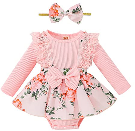 ESSECMBS Pagliaccetto Manica Lunga Neonata Tutina Invernale Bimba con Bowknot Body Elegante Neonata con Maniche Volant in Pizzo Rosa +Fascia per Neonata (Rosa, 6-12 Mesi)