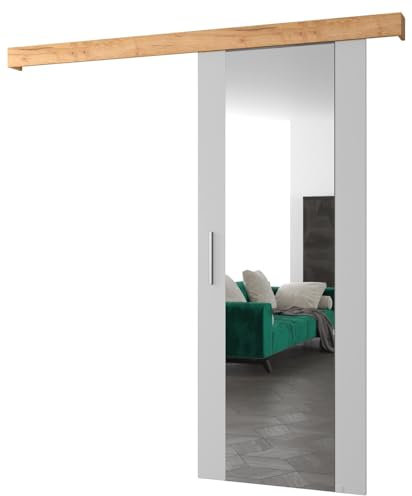ABIKSMEBLE Salwador 2 Sistema de Puerta Corredera con Cubierta de Riel y Espejo - Puertas Correderas de Pared Interior - Construcción Sólida - 90 x 204 cm - Blanco