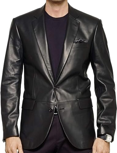 Lambskin Genuine Casual Wear Leather Blazer Sport Coat with Classic Button Closure for Men Black (as1, Alpha, x_l, Regular, Regular, Black)
