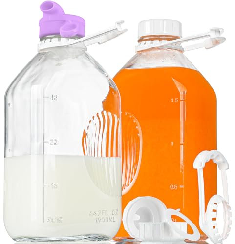 2 Pack 64 Oz Heavy Duty Glass Milk Bottle with 1 Silicone Spout and 3 Reusable Airtight SCREW LID, 2 Qt Glass Water Bottle with 2 Exact Scale Lines - Milk Jug Pitcher - 1/2 Gal Juice Bottles