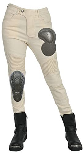 HNVAVQ Motorrad-Hosen, Damen-Motorrad-Jeans mit 2 Paar Hüft- und Knieschoner, Biker-Denim-Hosen, beige, XS
