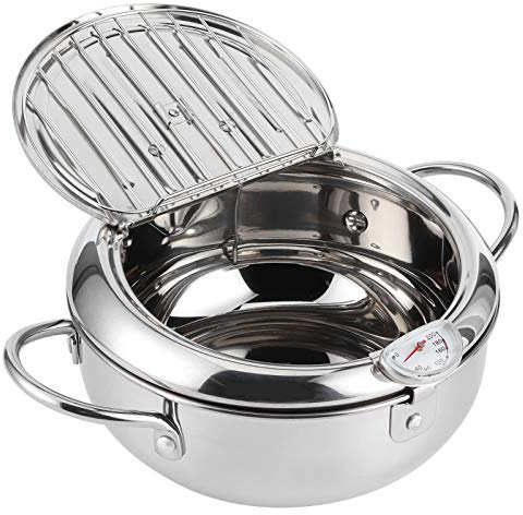 Friteuse, Marmite Japonaise avec Thermomètre, Friteuse en Acier Inoxydable 304 avec Grille de Vidange D'huile pour Frites Tempura Frites Poisson et Poulet (Petit 20cm)