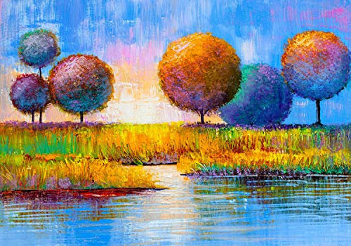 wandmotiv24 Fototapete Gemälde Runde Bäume mit See, 400 x 280 cm - selbstklebende Strukturtapete, Wanddeko, Wandbild, Wandtapete, Kunst Abstrakt M6007