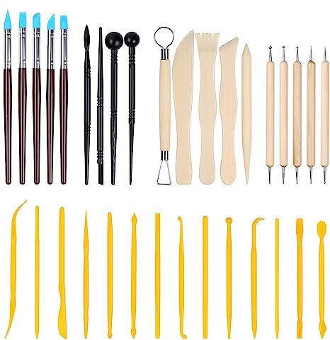 Furuising 33Pcs Outils Poterie Set, Compléter Outils Sculpture Argile, Réutilisable Outil Modelage, Accessoires pour L'argile Céramique pour Débutants Professionnels et Artistes Gravure Gaufrage