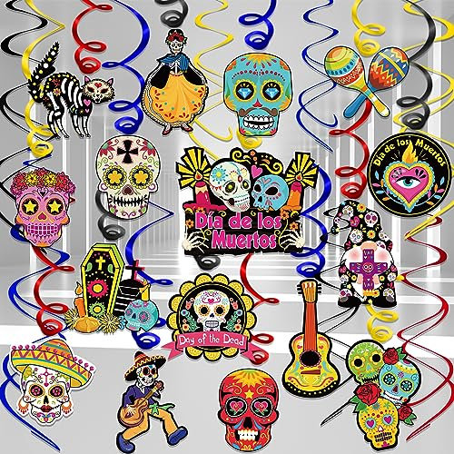 DPKOW 30Stk Tag der Toten Hängedeko, Totenkopf Zuckerschädel Folien Aufhängen Spiral für Tag der Toten Deckendeko, Día de Los Muertos Hängende Spiral Deko für Mexiko Theme Halloween Hängedeko