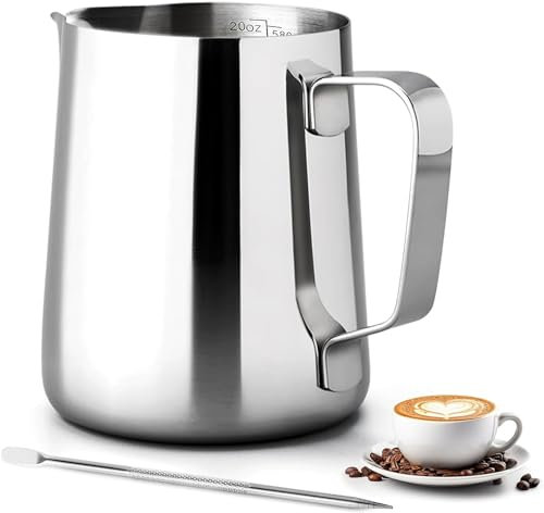 Milchkännchen - 350ml/12oz Milchkanne Edelstahl mit Messung Mark Und Latte Art Pen, Kaffee Creamer Milch Aufschäumer Kännchen Tasse für Cappuccino, Espresso, Latte Art, Perfekt Für Kaffeeliebhabe