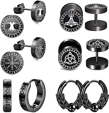 Unisex Wikinger Ohrstecker Ohrringe Set: 6 Paar Herren Damen Edelstahl Schwarz Punk Ohrringe Set Geburtstag für Männer Frauen