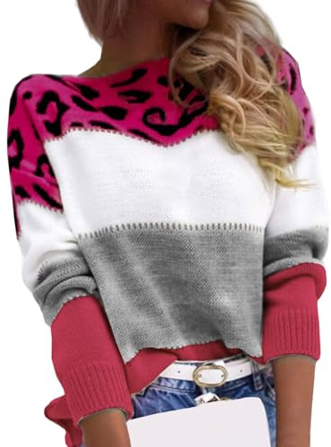 CheChury Pull Femme Automne Hiver Longues Sweater pour Femme Pull en Tricot Imprimé léopard pour Femme Patchwork Blouse Chic Chaud Hauts Pullover Sweater,Rose,XL