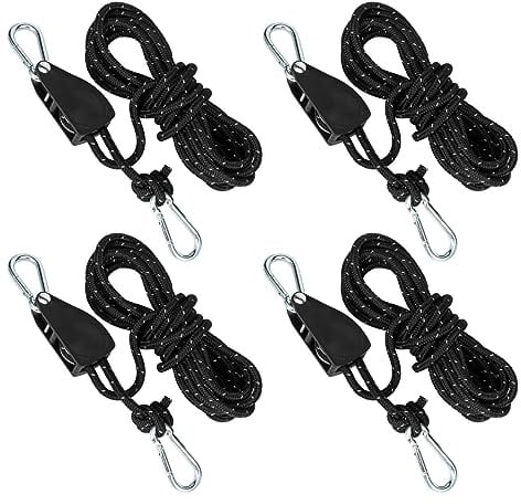 4 poleas con tensor de cuerda, trinquete con cuerda de 5 m, polea con tensor de tienda, cuerdas tensoras con freno de cuerda, para camping, toldo, tienda de campaña, 4 unidades
