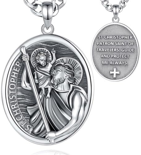 INFUSEU Collier Saint Christophe, Argent Sterling 925 Pendentif Médaille Saint Christophe Patron Chrétienne Bijoux Religieux Amour Protection Spirituelle Amulette Cadeaux pour Hommes Femmes