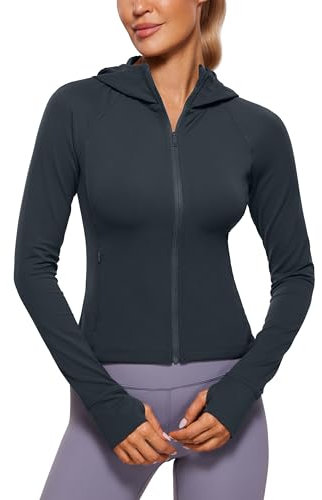 CRZ YOGA Damen Butterluxe Kapuzenpullover Hoodie Zip Up Sweatjacke Workout Langarm Hoody Kapuzenjacke mit Daumenloch Echte Marine 42