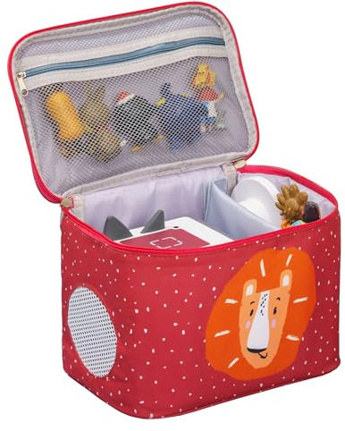 Liebeszeug® Tasche für Toniebox - Aufbewahrungtasche für Musikbox, Tonies Hörfiguren, Kopfhörer, Ladegerät und Zubehör – Transporttasche für Tonie – Reisetasche, Muster Löwe, Farbe Rot