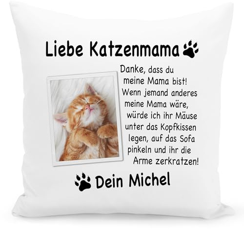 Katzenmama Kissen mit Katzenmotiv personalisiert Katzen Mama Katzengeschenk Kuschelkissen Katzenliebhaber Geschenk Sofakissen Zierkissen Dekokissen 40x40 cm inkl. Füllung und Bezug (Katzenmama)