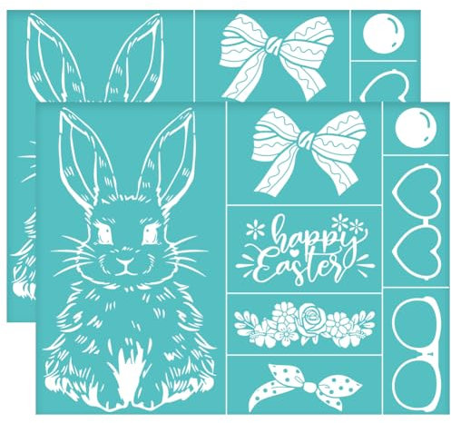 OLYCRAFT 2 Stück 28x22cm Geschichtete Selbstklebende Siebdruckschablone Osterhase Hase Schleife Blume Siebdruckschablone Fröhliche Ostern Netzschablonen Transfer Für DIY T-Shirt Stoffmalerei