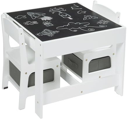 Panana Kindertisch mit 2 Stühlen Sitzgruppe mit Stauraum, 3tlg. Kindersitzgruppe, für Kinder Vorschüler Kindermöbel (Weiß), FAMI-FRCFT4PI