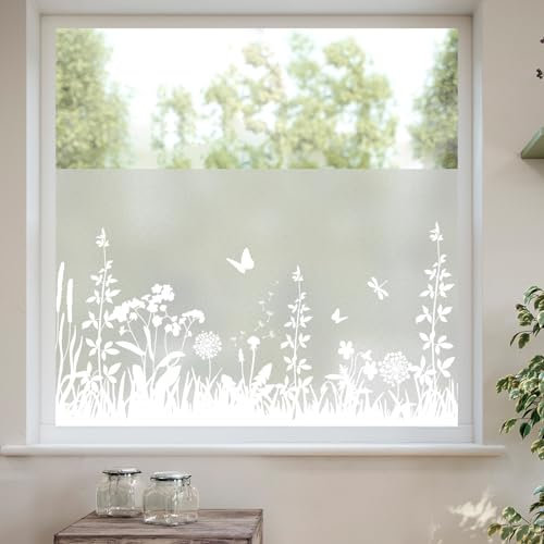 dktie Film de protection pour fenêtre - Opaque - En verre dépoli - Motif botanique - Statique - Anti-UV - Sans colle - Réutilisable - Convient pour le salon, la chambre à coucher - 90 x 200 cm