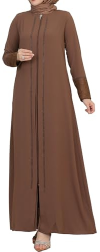 istanbul styles Damen-Abaya, Spitzenapplikation, langärmelig, bodenlang, Reißverschluss, bodenlang, Türkei, islamische Mode (DE/NL/SE/PL, Alphanumerisch, XL, Regular, Regular, Braun)