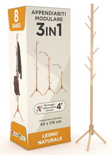 Eurocali Appendiabiti Attaccapanni in Legno Naturale con 8 Ganci e Struttura Modulare 2 Altezze - per Cappotti Giacche Cappelli e Borse - Portabiti Ingresso e Ufficio - 174/124x43cm