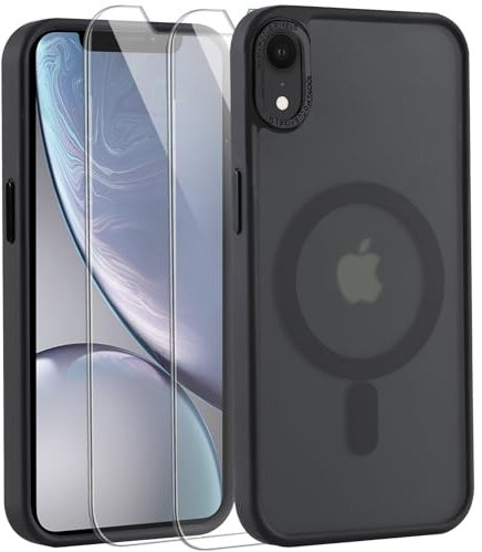 Votvloay Magnétique Coque pour iPhone XR 6,1'' avec 2 Pièces Verre Trempé, Etui Compatible avec MagSafe, Mat Translucide Housse Arrière Antichoc Anti-Rayures Étui pour iPhone XR, Noir