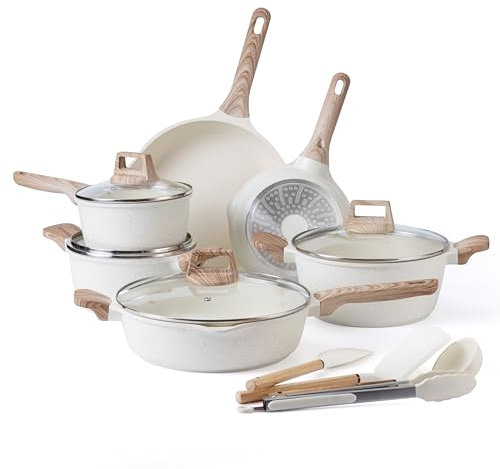 Country Kitchen Pots and Pans Set Nonstick, Cast Aluminum Kitchen Cookware Set with Utensils, 14 Pcs Non Stick Cooking Set w/Frying Pans & Saucepans, Cream