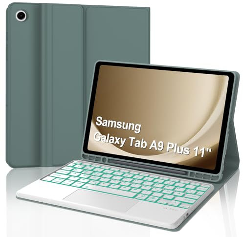 Tastatur für Samsung Galaxy Tab A9 Plus 11 con Touchpad, Hülle mit Tastatur für Samsung Tab a9+ 2023, Bluetooth Magnetisch 7-Farbige Beleuchtung QWERTZ Keyboard Galaxy A9 Plus Tab 11 Zoll, Dunkelgrün