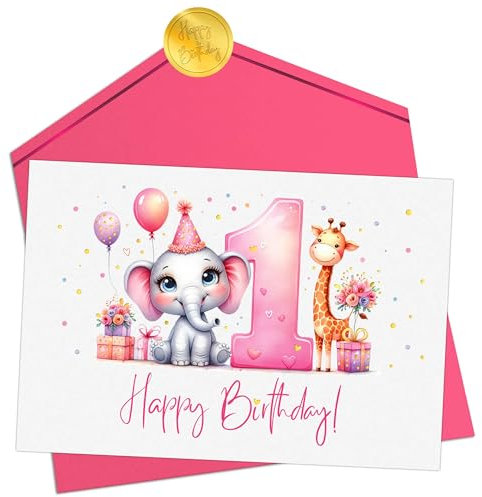 Joli Coon Geburtstagskarte 1 Jahr Mädchen - Premium Happy Birthday Geburtstagskarte 1 Jahr - Klappkarte mit Kuvert und goldenen Siegelsticker