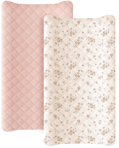 Konssy Waterproof Muslin Changing Pad Cover 2 Pack, Quilted Cotton Fitted Diaper Chang Table Cover, Soft Changing Pad Sheets for Girls Boys (Blossom,Pink)