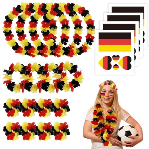VirgoCCY 20 Stück Deutschland Fanartikel Blumenkette, Hawaii-Fan-Set Deutschland: 4X Kette, 4X Stirnband, 8X Armbänder & 4X Aufklebe Deutsche Euro Fussball EM 2024 Fan Foto Requisiten Blumenkette