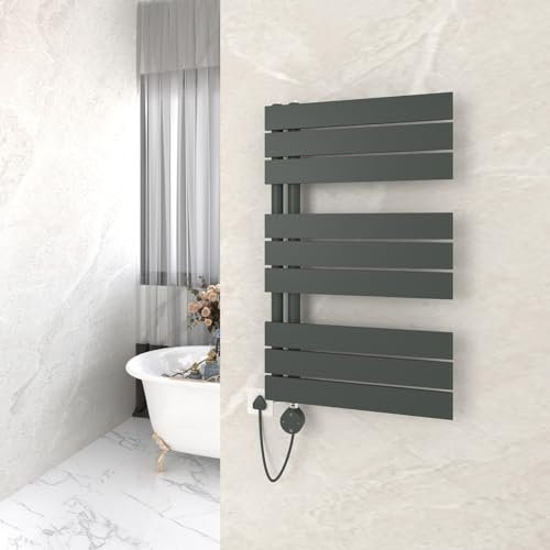 GY Bath Scaldasalviette elettrico con termostato 845 x 500 mm, colore antracite, design piatto, attacco laterale, scaldasalviette con funzione timer, 600 W