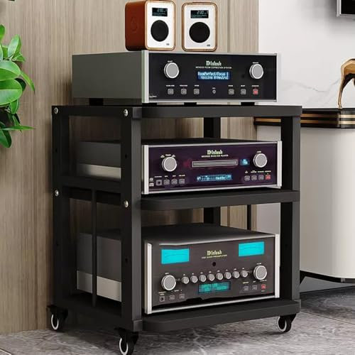 ZIUSFAC Audio-/Video-Regal Medienständer Mit Bremsrad Audio-Turm Audio-Rack Verstellbare Ständer CD-Player Stand Eck-Audioständer Für Stereoanlage(Black+Black,3 Tier)