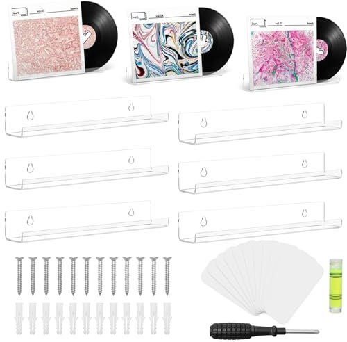 Lot de 6 Support Vinyle Mural Adhesif et Perforée,Etagere Transparente Pop Vinyle 30 cm,Étagère Vinyle Murale sans Percage pour Espositore Photo/Disque Vinyle/Livre de Chambre Salon Salle à Manger
