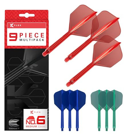 Target Darts K-Flex Integrated Dart Flights and Shafts, Stiel Medium Länge (33 mm), Nr. 6-Flug, 9er-Pack, Rot, Blau & Grün