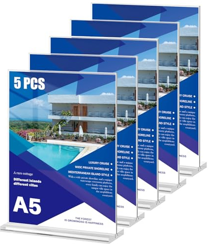 WenYa A5 Acrylic Sign Holder, 5 Pack, T-Shaped Poster Menu Display Holders | 21x15cm Clear Double-Sided Display, Vertical Holders for Posters Price Lists Offices Shops Restaurants School Reception Desks